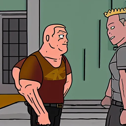 Prompt: a screenshot of king of the hill bobby hill speaking to duke nukem