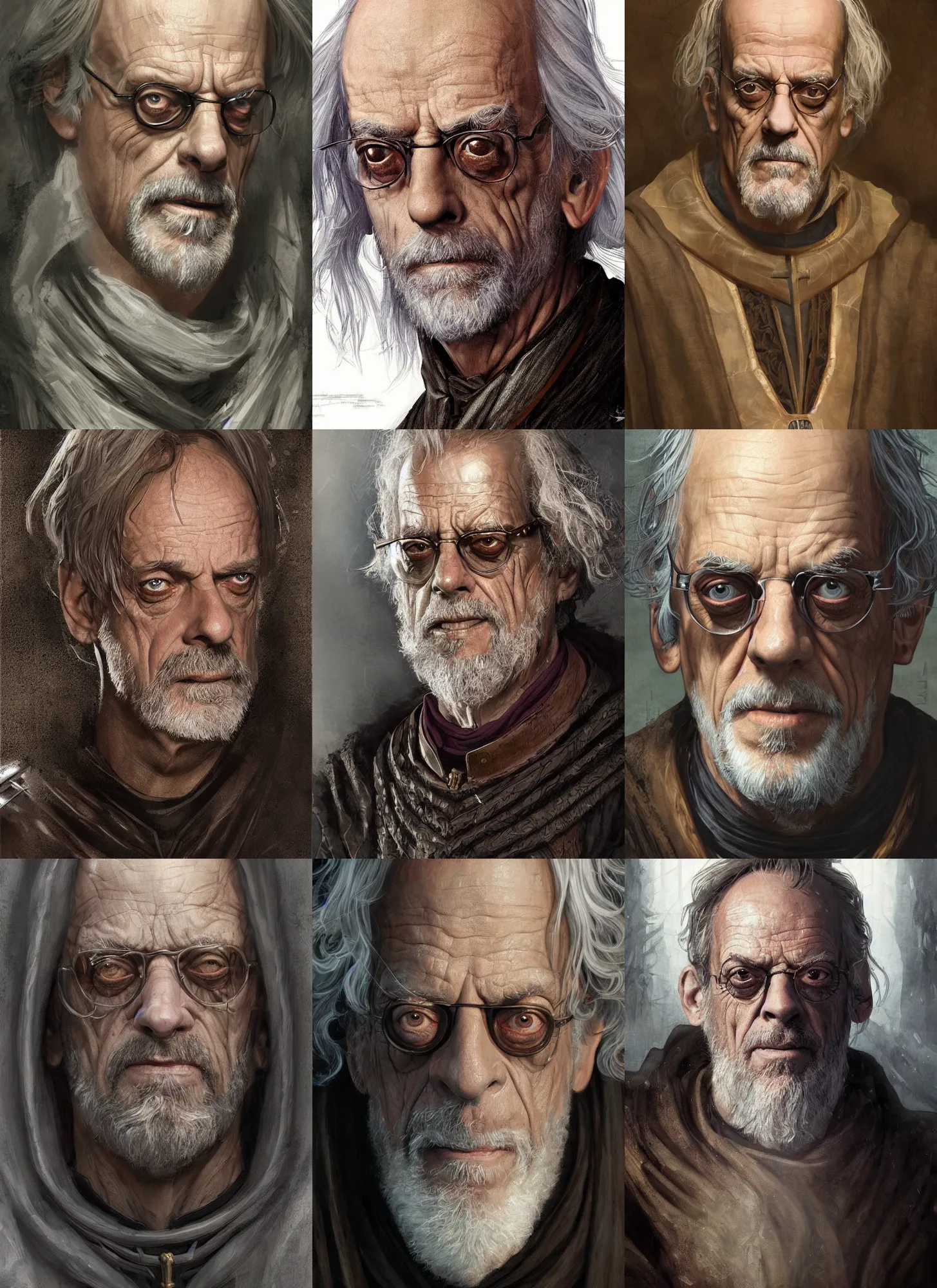 Prompt: christopher lloyd portrait close - up as medieval theologian, dark, highly detailed, digital painting, artstation, concept art, sharp focus, illustration, rutkowski, aleksi briclot, mucha