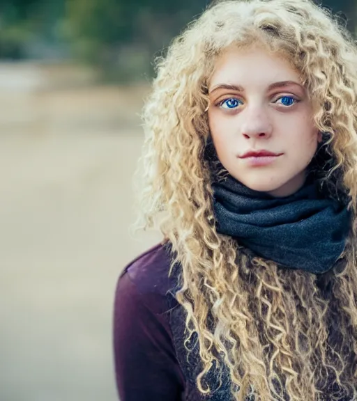 Image similar to a professional 8 5 mm highly detailed portrait of annabeth chase, a caucasian eighteen year old girl that looks like a california valley girl, intense stormy gray eyes, blonde curly hair, professional photography, midday lighting, defiant, beautiful