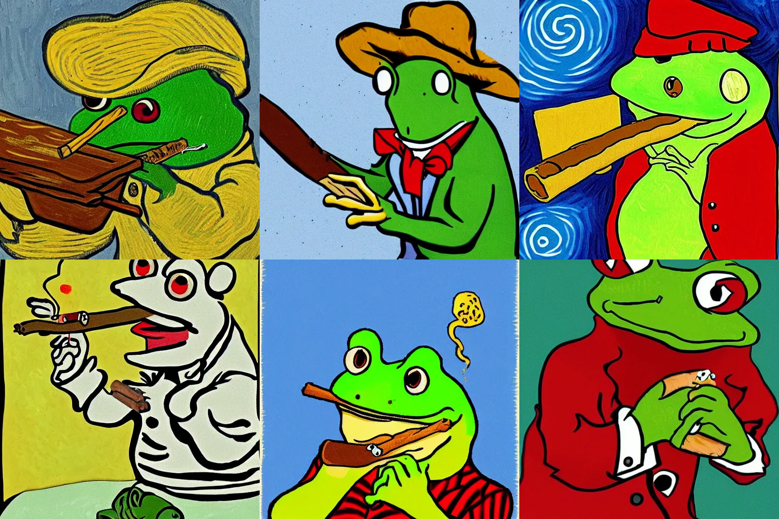 Prompt: cartoon frog smoking a cigar in the style of vincent van gogh