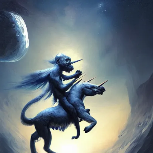 Image similar to blue monkey riding a unicorn on the moon, intricate, sharp focus, illustration, highly detailed, digital painting, concept art, matte, art by ruan jia and wlop and greg rutkowski, masterpiece