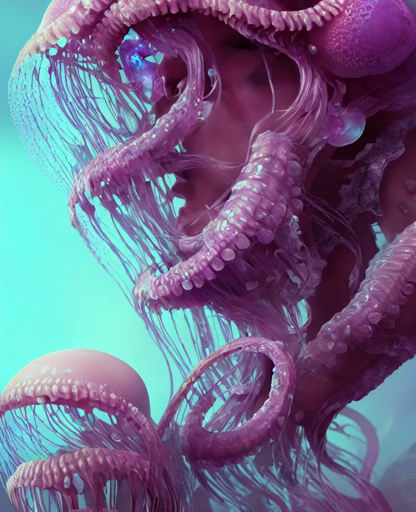 Image similar to goddess close - up portrait human skeleton, ram skull, jellyfish, orchid, betta fish, bioluminiscent, intricate artwork by tooth wu and wlop and beeple. octane render, trending on artstation, greg rutkowski very coherent symmetrical artwork. cinematic, hyper realism, high detail, octane render, 8 k