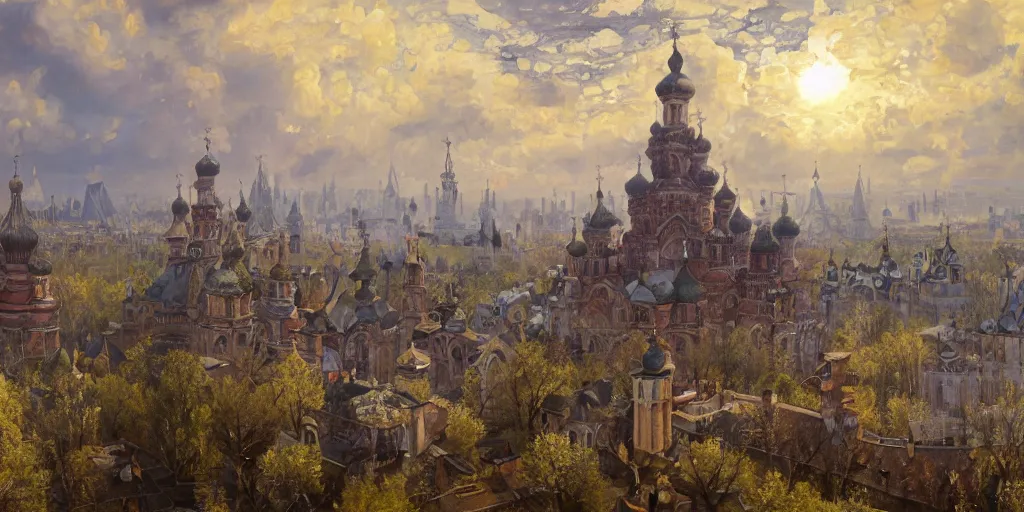 Prompt: beautiful magical ancient Slavic city of Kitezh, oil painting, painting by Viktor Vasnetsov, concept art, fantasy cityscape, ancient Russian architecture, painting by Ivan Shishkin, hyperborea, magic mist, high resolution, trending on artstation,