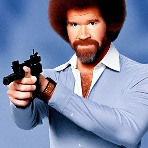 Prompt: Bob Ross as 007, promotional image, action movie, holding dual high-caliber pistols