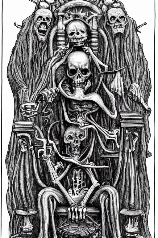 Prompt: grim reaper sitting in a throne, surrounded by your other personalities, by ed ( big daddy ) roth
