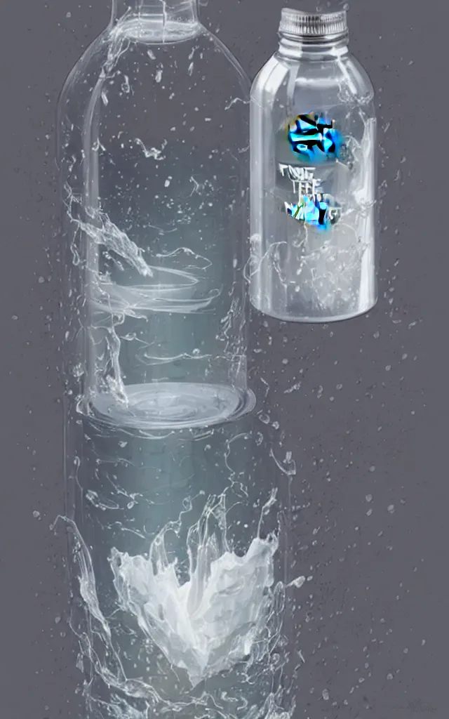 Prompt: the north face round transparent bottle fully filled with dense white liquid, concept art, matte, sharp focus, illustration, art by aenaluck, artgerm