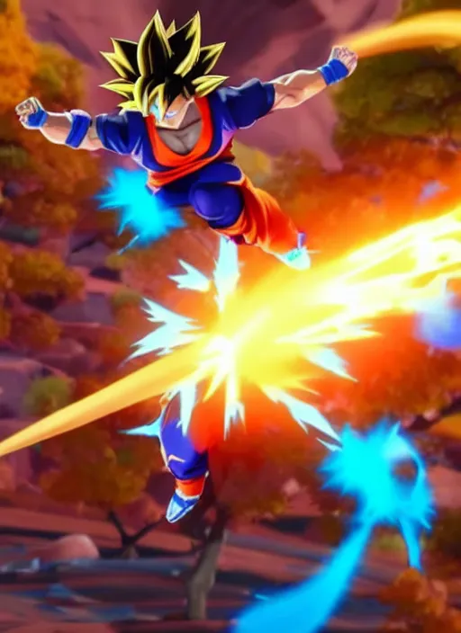 Image similar to game still of a sayan goku as a fortnite skin in fortnite, pose.