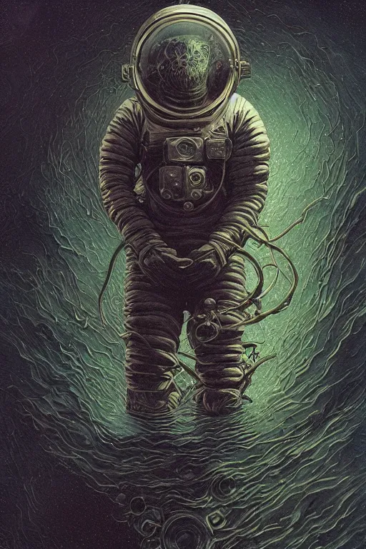 Image similar to close up shot of a full body floating astronaut portrait water elemental, james gurney, peter mohrbacher, mike mignola, black paper, mandelbulb fractal, trending on artstation, exquisite detail perfect, hyper detailed, intricate ink illustration, black background