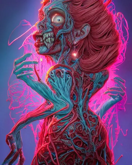 Image similar to A zombie with bioluminescent varicose veins and blood vessels, by artgerm and moebius and Peter mohrbacher, artstation, vivid pink and blue colors, stunning fantasy horror, smooth, intricate, ornate, digital painting, artstation, concept art, morbid fantasy, sharp focus, illustration, trending on artstation