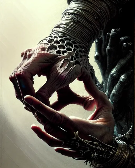 Image similar to human hand anatomy for artists fantasy character portrait, ultra realistic, cinematic, concept art, wide angle, intricate details, hologram, highly detailed by greg rutkowski, aaron horkey, gaston bussiere, craig mullins, simon bisley, arthur rackham