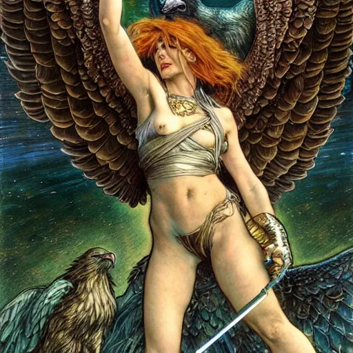 Image similar to giant eagle eating a flying harpy with huge eagle wings being eaten by giant eagle, d & d, fantasy, luis royo, magali villeneuve, donato giancola, wlop, krenz cushart, hans zatka, klimt, alphonse mucha