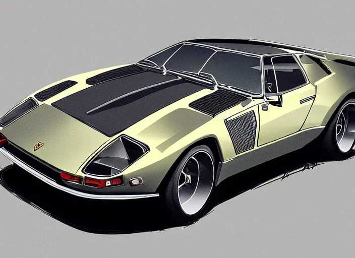 Image similar to a blending, amalgamation and detailed combination of a lamborghini countach, datsun 2 6 0 z and a jaguar e - type, concept art, round headlights, 8 k, highly detailed, trending on art station