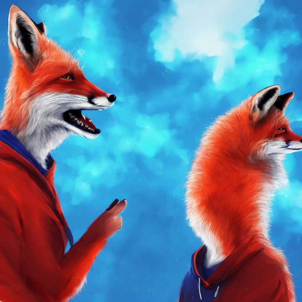 Image similar to a close-up profile shot of a red fox in a blue hoodie typing in a notebook computer, white background, concept art, synthwave style, digital art picture, highly detailed, artstation, badge