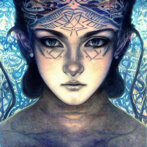 Image similar to Extreamly beautiful Eyes, tattooed face, Hypnotic Eyes, Emotional Eyes, by Annie Swynnerton and Nicholas Roerich and jean delville, glowing paper lanterns, Luis Royo, strong dramatic cinematic lighting , ornate tiled architecture, lost civilizations, smooth, sharp focus, extremely detailed