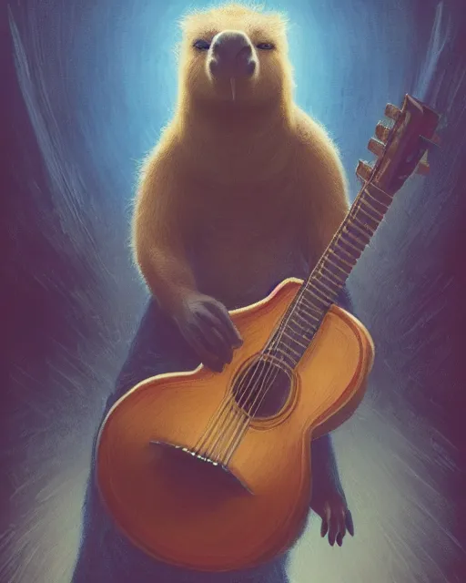 Image similar to Capybara playing Guitar, portrait, dress, magic the gathering artwork, D&D, fantasy, cinematic lighting, centered, symmetrical, highly detailed, digital painting, artstation, concept art, smooth, sharp focus, illustration, volumetric lighting, epic Composition, 8k, art by Akihiko Yoshida and Greg Rutkowski and Craig Mullins, oil painting, cgsociety