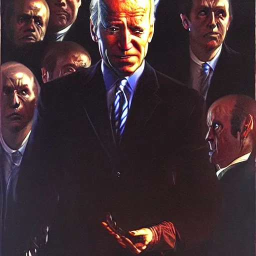 Prompt: epic Joe Biden in pandemonium, demons and souls, portrait, art by Wayne Barlowe, oil on canvas