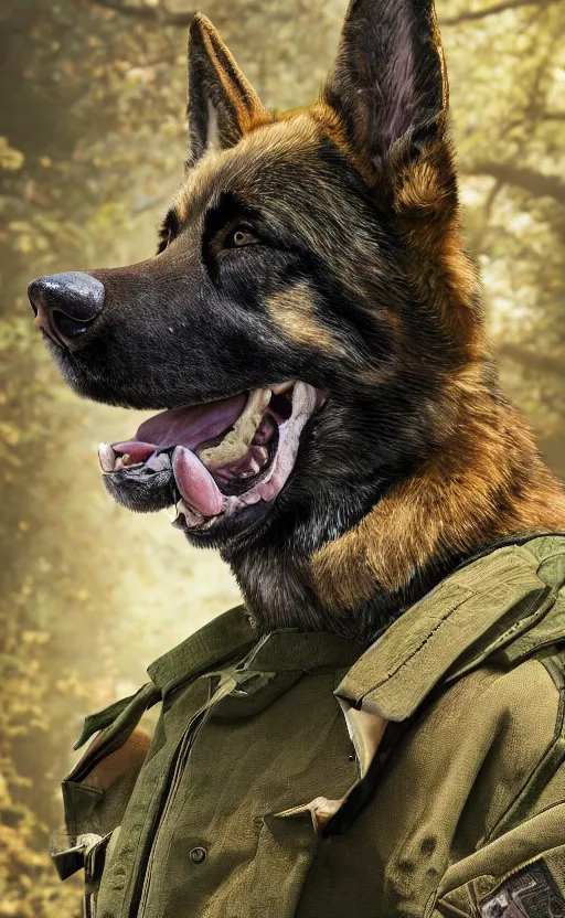 Image similar to close up character portrait icon of the german shepard beast - man military uniform head animal person wearing clothes standing in the bright forest, hidari, color page, tankoban, 4 k, tone mapping, akihiko yoshida