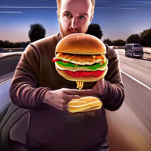 Prompt: Hyperrealistic ultradetailed digital art of Jesse Pinkman driving a car made out of a hamburger on a busy highway in Los Angeles, realistic, detailed lighting, cinematic, trending on artstation and 500px and behance