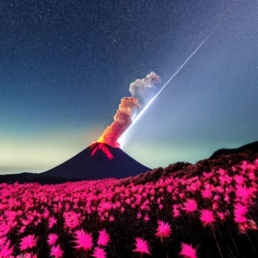 Prompt: photo of a volcano in eruption with a lot of flowers, bright shootings stars in the sky in the background, highly detailled, 4 k