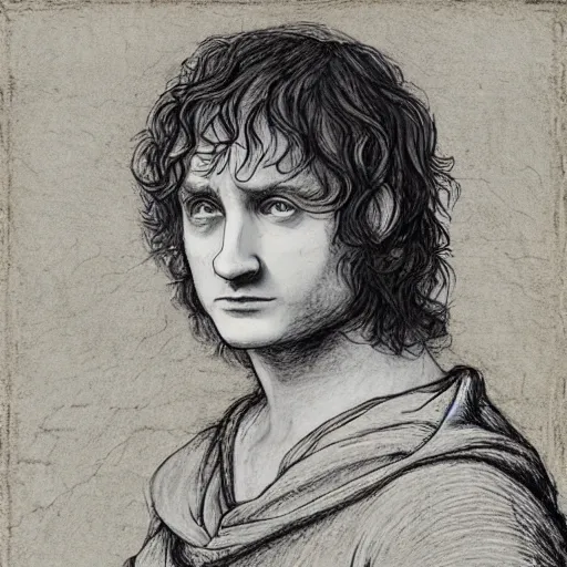 Image similar to frodo baggins in the shire In the style of leonardo da Vinci, detailed 4k photograph