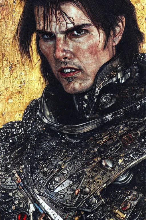 Prompt: portrait of brutal gothic Tom Cruise in armor, cyberpunk, Warhammer, highly detailed, artstation, illustration, art by Gustav Klimt