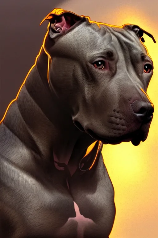 Image similar to clear portrait of a pitbull terrier, cottagecore!!, background hyper detailed, character concept, full body, dynamic pose, glowing lights!! intricate, elegant, highly detailed, digital painting, artstation, concept art, smooth, sharp focus, illustration, art by artgerm and greg rutkowski and alphonse mucha