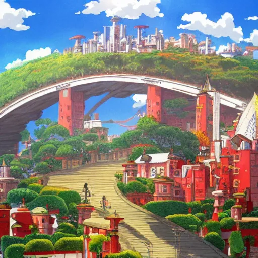 Prompt: a painting of a huge city with a circular bridge around a big red mansion and a huge world tree at the top of a mountain by hayao miyazaki