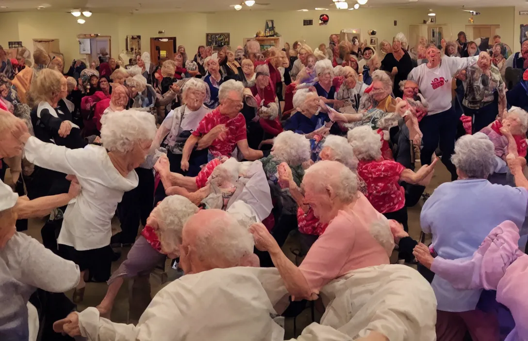 Prompt: a nursing home mosh pit with flashing lights