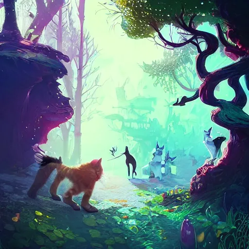 Image similar to cats walking through a magical forest, fantasy, intricate, elegant, highly detailed, digital painting artstation, blender, unreal engine 5, octane render, smooth, sharp focus, illustration, by Anton Fadeev and Philipp A. Urlich and Pengzhen Zhang and Andreas Rocha