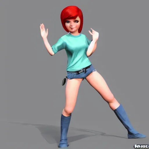 Image similar to Full body 3D rendering of a cute cartoon female character, she has short hair and wear boyish outfit, video game art, trending on artstation