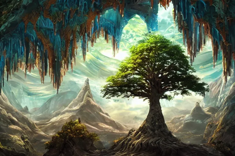 Image similar to A magical tree viewed from the outside, texture, intricate, details, highly detailed, masterpiece, architecture, building, trending on artstation, focus, sharp focus, concept art, digital painting, fantasy, sunny, day, midday, in the style of Avatar the Last Airbender