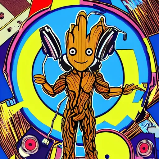 Image similar to svg sticker of a Pop-Wonder Groot-Marvel-Avenger at a rave, spinning records, giant headphones rocking out, wearing headphones, huge speakers, dancing, rave, DJ, spinning records, digital art, amazing composition, rule-of-thirds, award-winning, trending on artstation, featured on deviantart