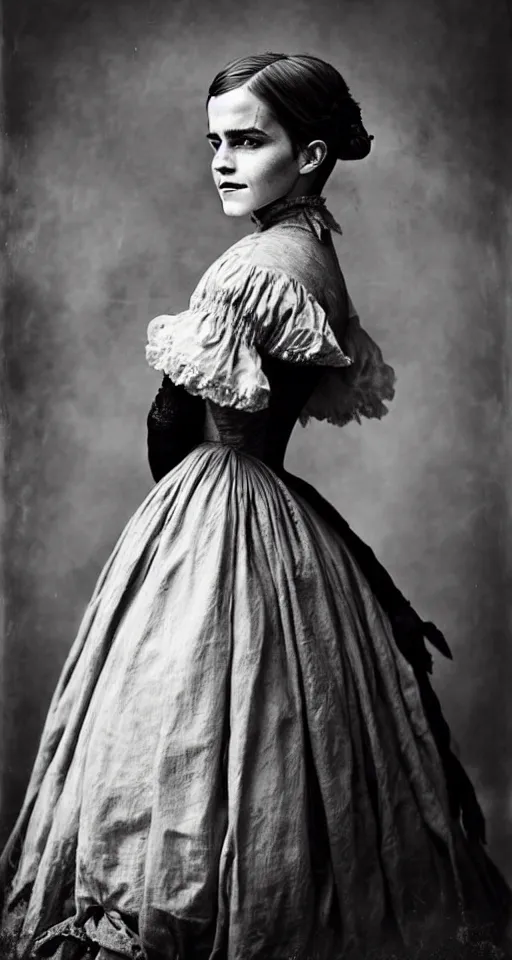 Image similar to a wet plate photograph, a beautiful portrait of Emma Watson dressed in victorian era clothes