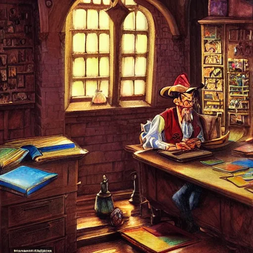 Image similar to Rincewind sits bored at his teacher's desk at the Hogwarts School of Witchcraft and Wizardry, detailed, hyperrealistic, colorful, cinematic lighting, character concept art by Paul Kidby and Jim Kay