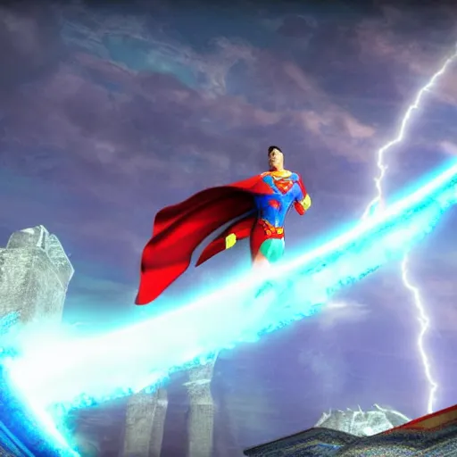 Image similar to superman on the rainbow bridge in asgard from thor raganrok. beautiful high quality vivid neverwinter.