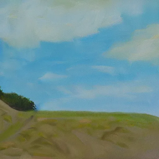 Prompt: a grassy hill by a beach, layered oil on canvas