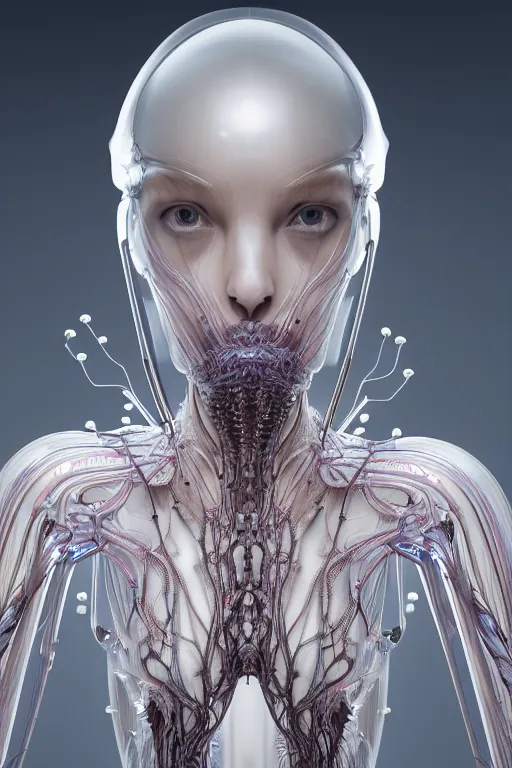 Prompt: iris van herpen, young woman beautiful face, perfect symmetrical body, full body shot, inflateble shapes, wires, tubes, veins, jellyfish, white biomechanical details, wearing epic bionic cyborg implants, masterpiece, intricate, biopunk, vogue, highly detailed, artstation, concept art, cyberpunk, octane render