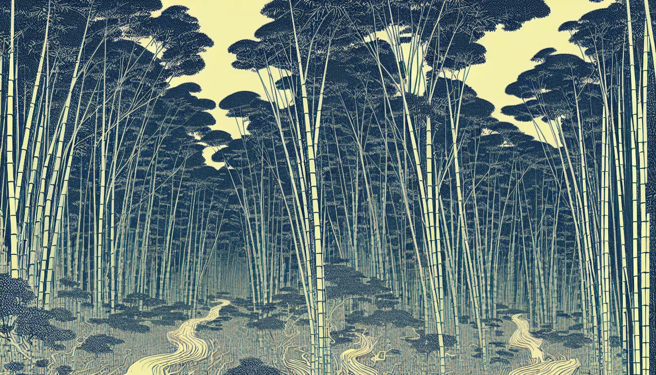 Image similar to bamboo grove by woodblock print, nicolas delort, moebius, victo ngai, josan gonzalez, kilian eng