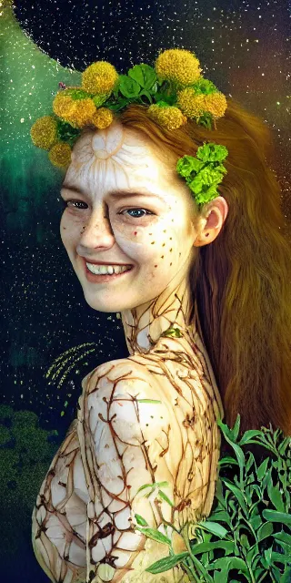 Image similar to fit woman, serene smile surrounded by golden firefly lights, amidst nature fully covered by a intricate detailed dress, long red hair, precise linework, accurate green eyes, small nose with freckles, smooth oval shape face, empathic, expressive emotions, spiritual scene, hyper realistic ultrafine art by artemisia gentileschi, jessica rossier, boris vallejo