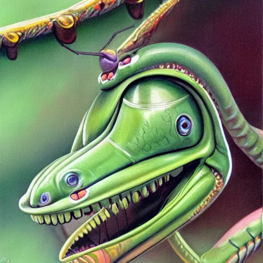 Image similar to beautiful lifelike painting of praying mantis, hyperreal detailed facial features and uv lighting, art by ed roth and basil wolverton