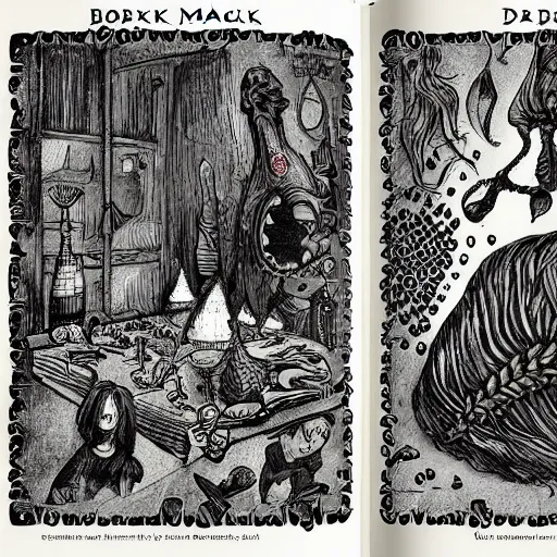 Image similar to A book of dark magic, detailed illustrations