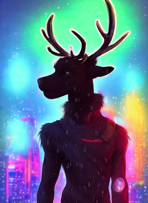 Image similar to award winning beautiful portrait commission of a male furry anthro Black Reindeer cyberpunk fursona with a tail, wings, wings, wings and a cute beautiful attractive detailed furry face wearing stylish black and rainbow galaxy clothes, outline, in a cyberpunk city at night while it rains. Character design by charlie bowater, ross tran, artgerm, and makoto shinkai, detailed, inked, western comic book art