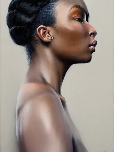 Image similar to detailed side profile portrait painting of a black girl, realistic, artstation, symmetrical, digital painting, in the style of kehinde wiley, artem demura, krenz cushart