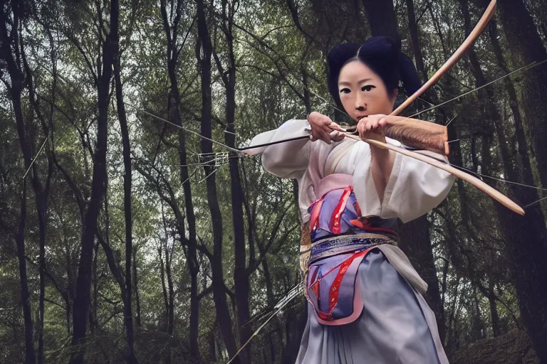 Image similar to beautiful photo of a young modern geisha archer, practising her aim in a forest, mid action, symmetrical face, beautiful eyes, huge oversized sword, award winning photo, muted pastels, action photography, 1 / 1 2 5 shutter speed, dramatic lighting, anime set style