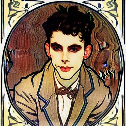 Image similar to painting of handsome young delicate beautiful jeffrey in his 2 0 s with brown hair and gorgeous rina together at the jack o'lantern halloween party, elegant, clear, painting, stylized, art, art by alphonse mucha, vincent van gogh, egon schiele,