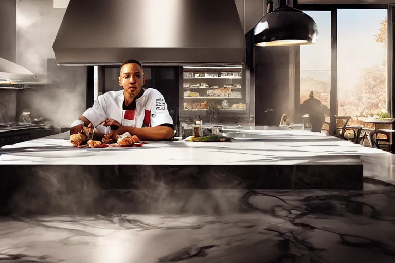 Prompt: chef will smith cooking in a decadent kitchen, natural light. by Ilya kuvshinov and Jason Fabok