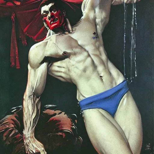 Image similar to Sad, muscular vampire with icy blue eyes, by Norman Rockwell and Robert McGinnis.