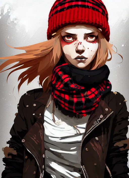 Image similar to highly detailed portrait of a sewer punk lady student, beanie, tartan scarf, wavy blonde hair by atey ghailan, by greg rutkowski, by greg tocchini, by james gilleard, by joe fenton, by kaethe butcher, gradient red, black, brown and cream color scheme, grunge aesthetic!!! white graffiti tag wall background