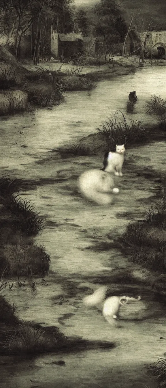 Image similar to a cat with white and black fur floating over a river at night, low exposure, digital painting by pieter brueghel, dynamic lighting, beautiful render, hd phone wallpaper, octane render, chiaroscuro