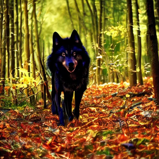 Prompt: majestic and beautiful dark wolf walking through a forest of leaves and trees photo realistic ultra details award winning realistic